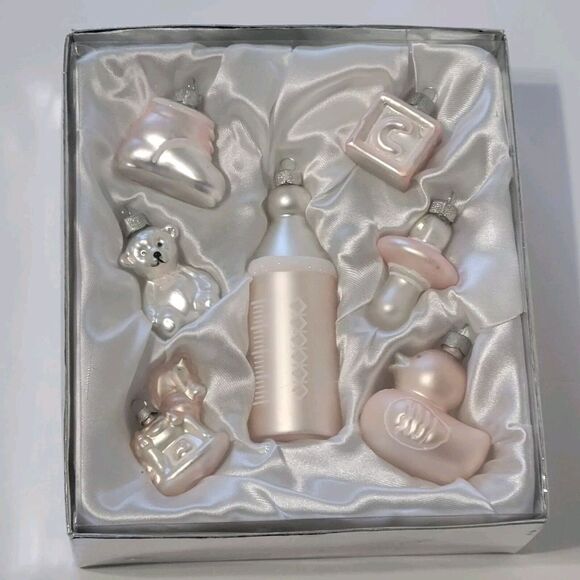 Sentimental Memories Collection Pink Baby Girl Christmas Glass Ornament Set 7 - Picture 1 of 8